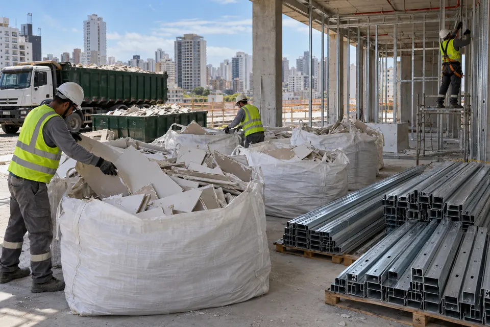 Big bags com sobras de placas de gesso drywall em obra